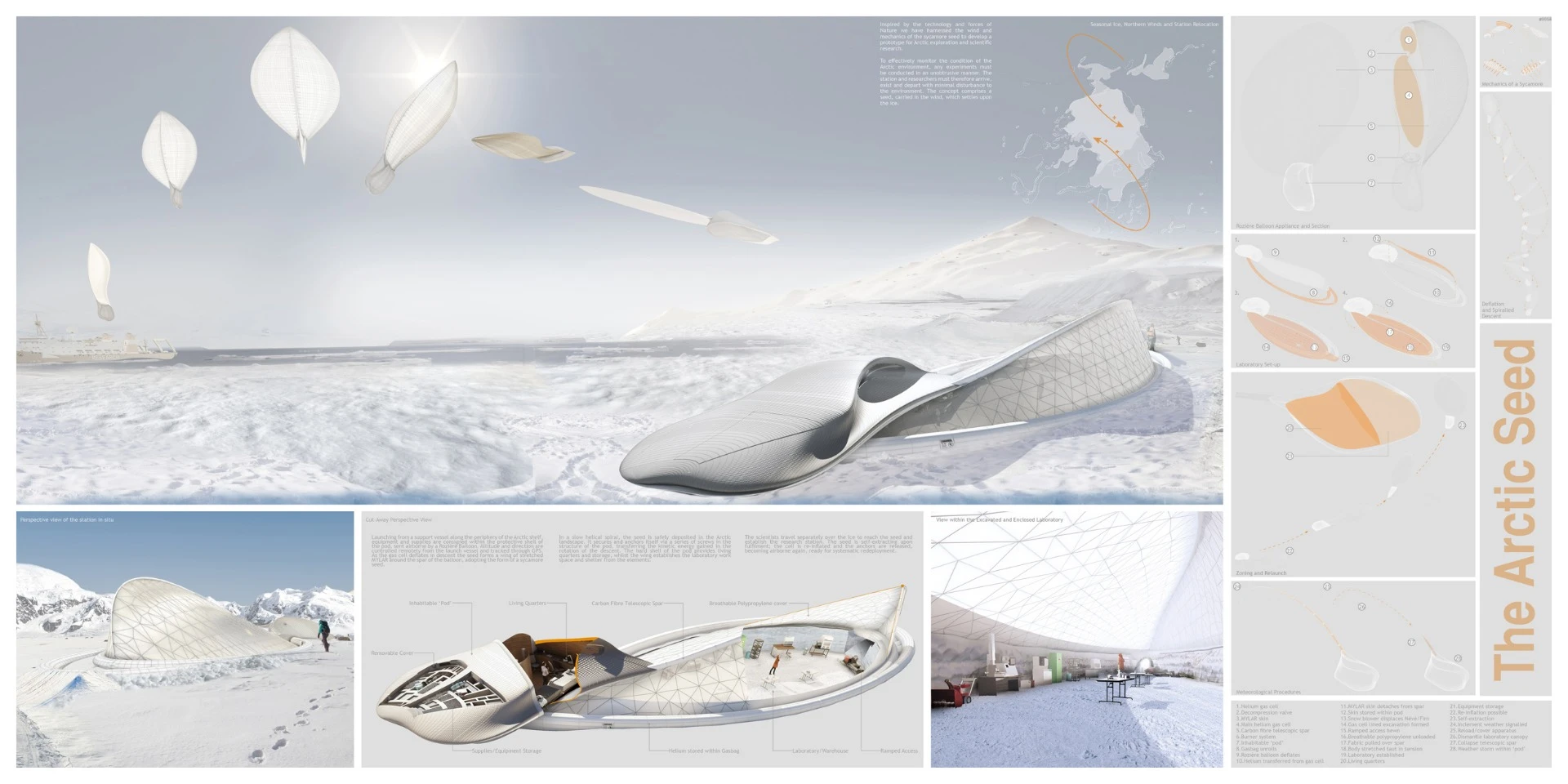 Honorable Mention - Arctic Seed. Designer notes: "The proposed arctic seed is a tool for targeted and rigorous investigation in the harsh and ephemeral domain of the polar ice sheet. The proposal aims to enable the prerequisite scientific investigation which could elicit an overdue and imperative social change. Temporary and portable, the station can gather data from a range of sites, in advanced and otherwise difficult-to-access locations, without leaving detrimental impressions in the observed and documented landscapes."
