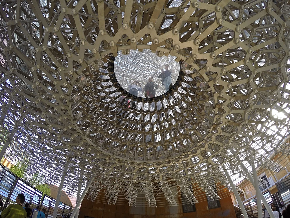 The pavilion is linked in real-time to an actual working beehive located in the UK.