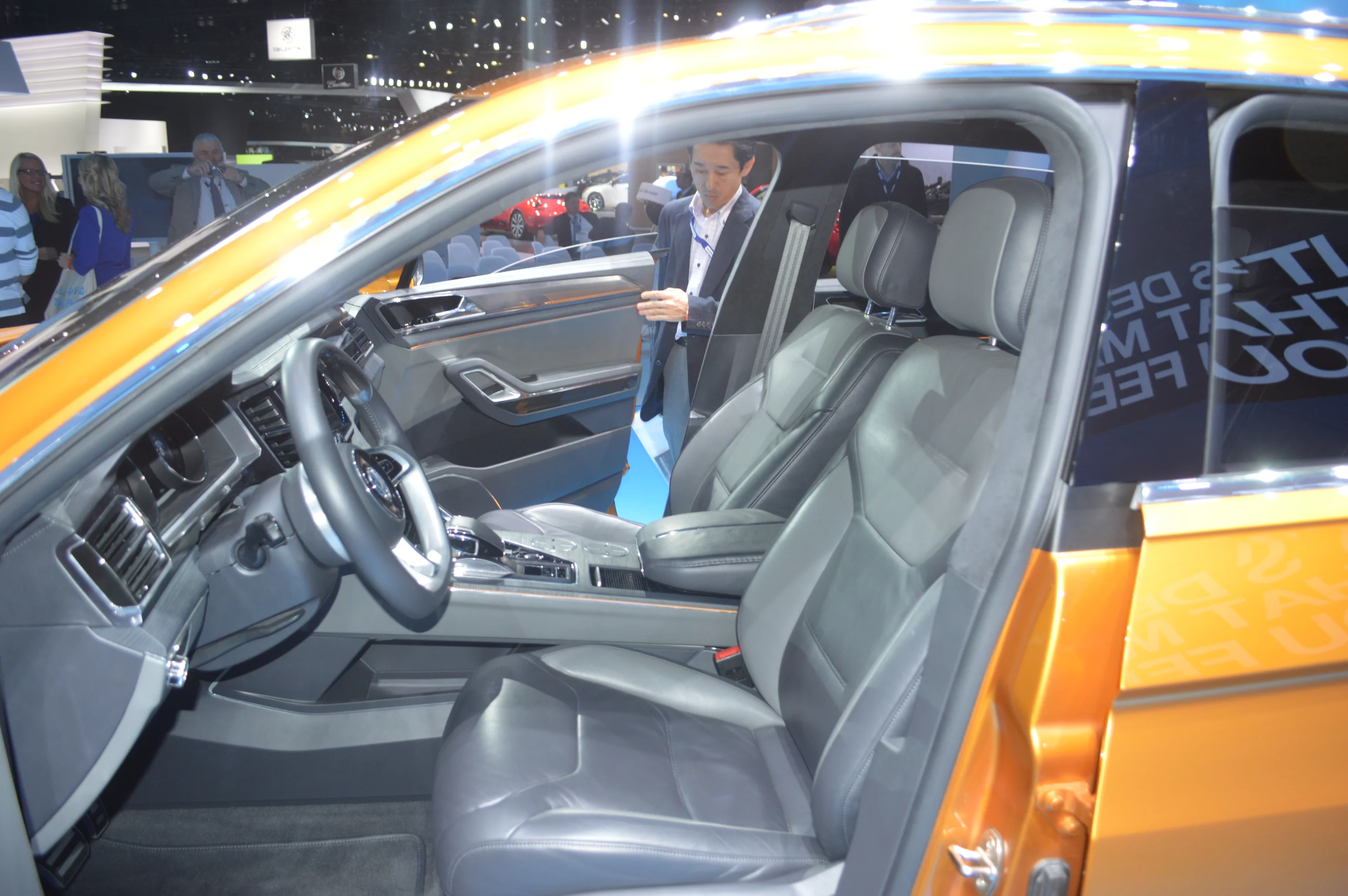 The CrossBlue Coupe's interior features high-end materials like Nappa leather, polished chrome, aluminum, wood and Alcantara