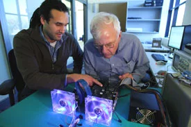 Charles Thacker and John Davis collaborate on the BEE3 computer-architecture hardware platform in March, 2010