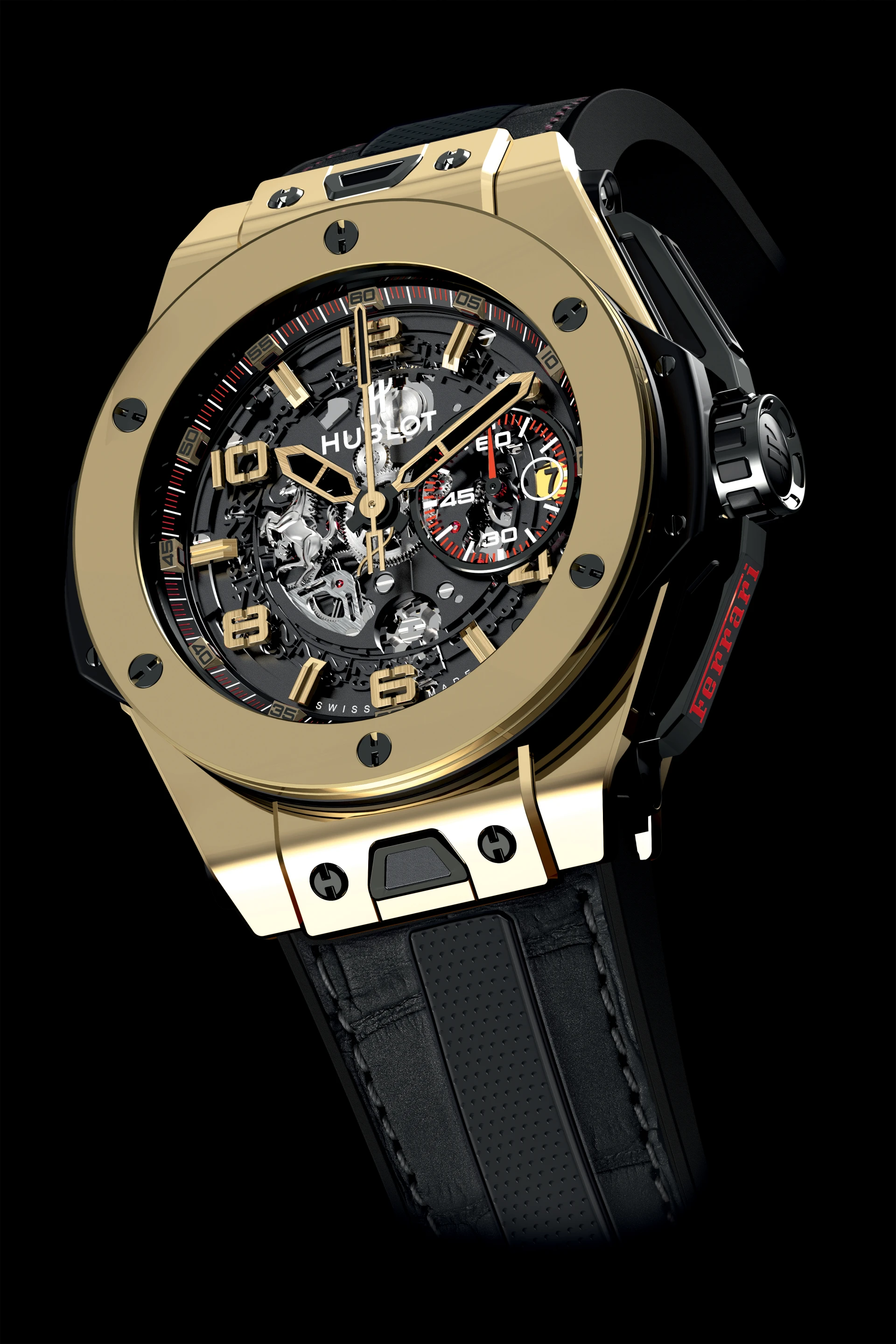 The Big Bang Ferrari features Hublot's new "Magic Gold" scratch-resistant alloy