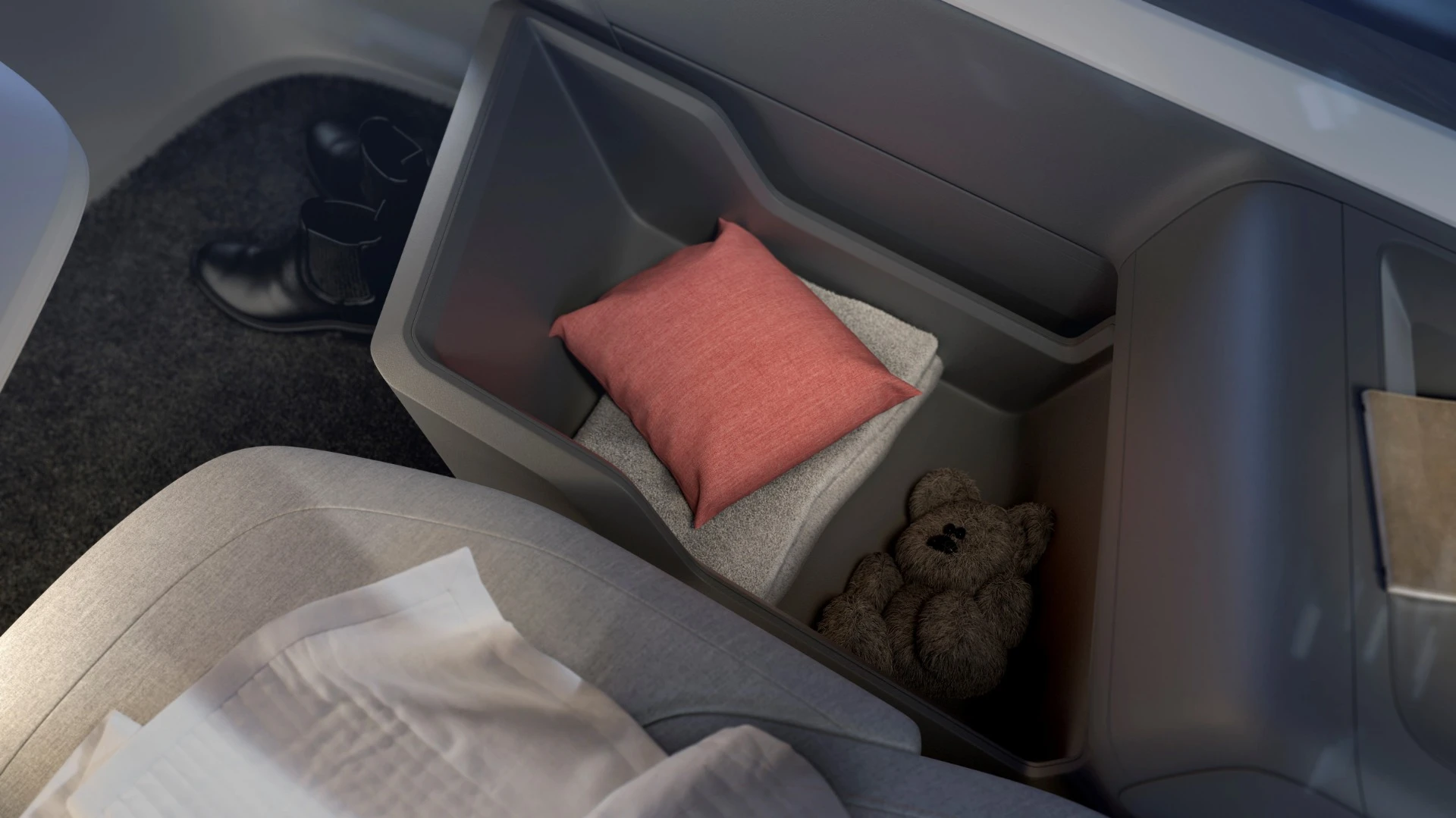 Volvo's simple 360c interior includes storage for things like clothing, blankets and pillows
