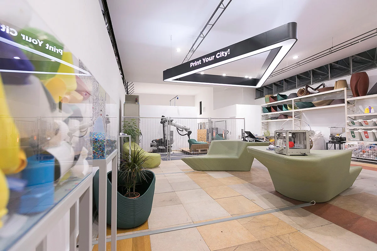 Furniture 3D-printed from recycled plastic waste at New Raw's Zero Waste Lab in Thessaloniki, Greece