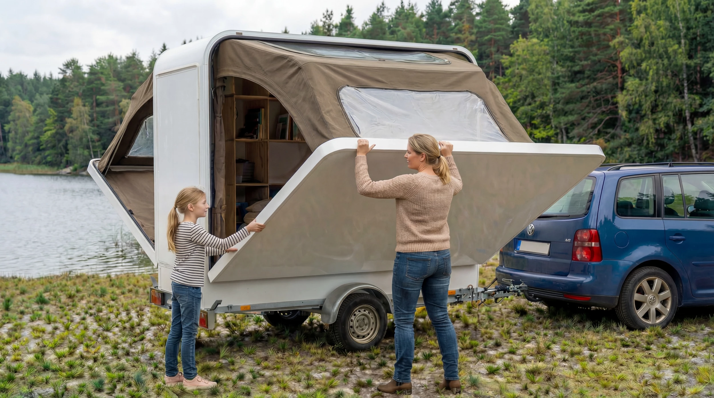The two main wings fold out manually, pulling the tent frame and fabric down into place with them