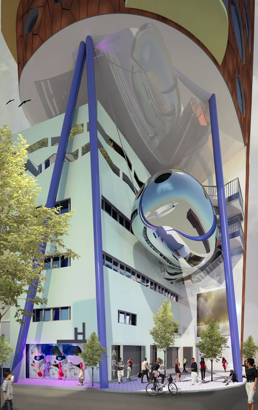 A stainless steel pod will be suspended from the overhang of the newly-added building and used as a conference space