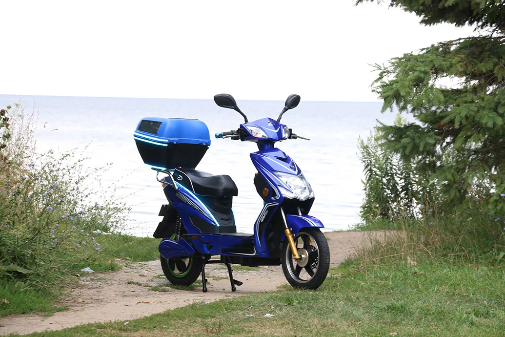 The Chameleon features key ignition, a built-in alarm, digital speedometer, 16-inch tires, hydraulic disc brakes, headlights, rear brake lights and turn indicators and double kickstand