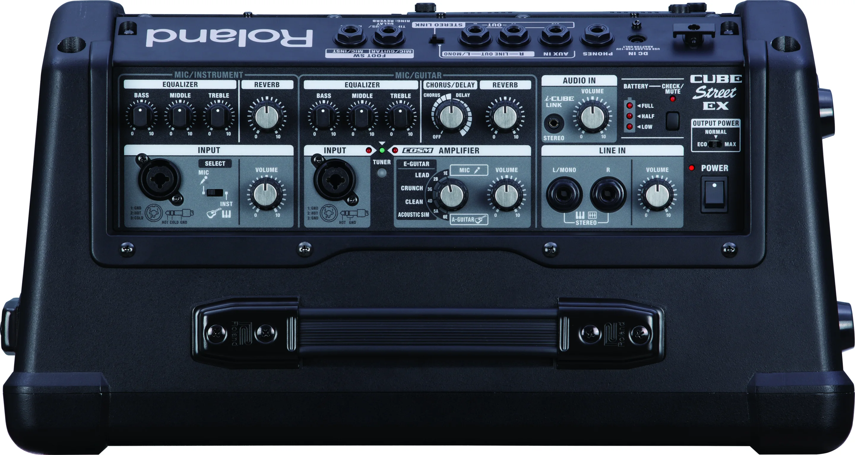 The Mic/Instrument and Mic/Guitar channels, each with its own three-band EQ and reverb effect, feature combined XLR/TRS jacks able to take microphone or instrument input