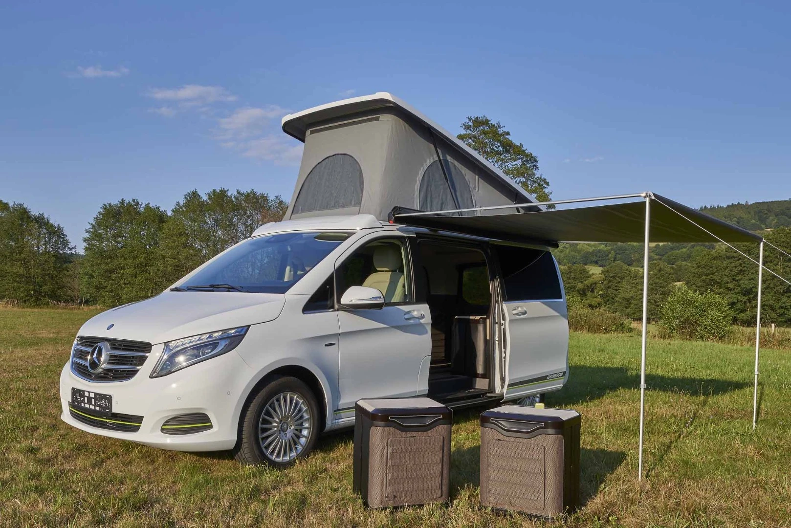 Hymer's press release doesn't specify that the modules are designed for indoor/outdoor use, but this photo sure makes it look that way