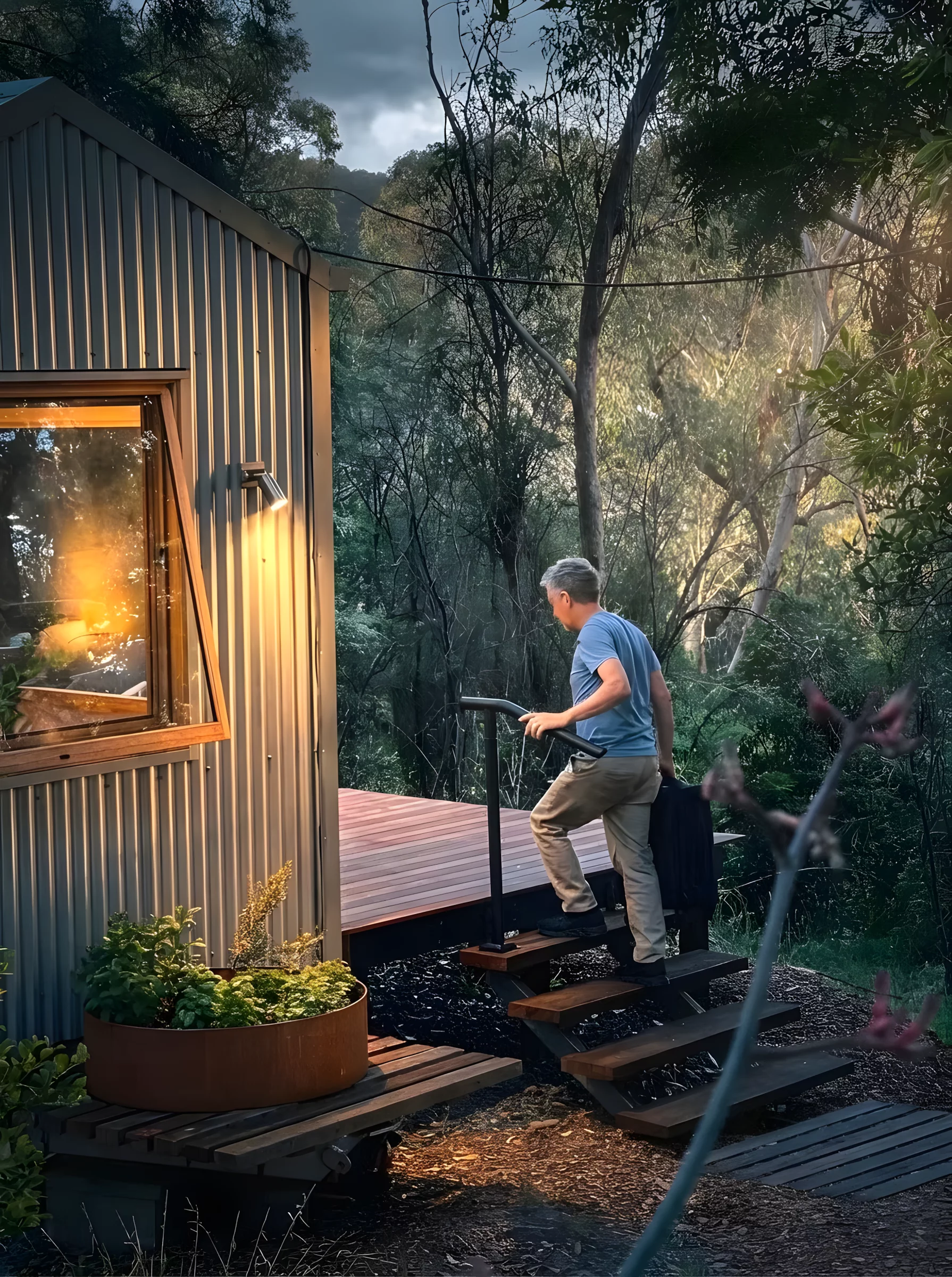 The Zinc Studio Cabin includes a small deck area and steps for easy access