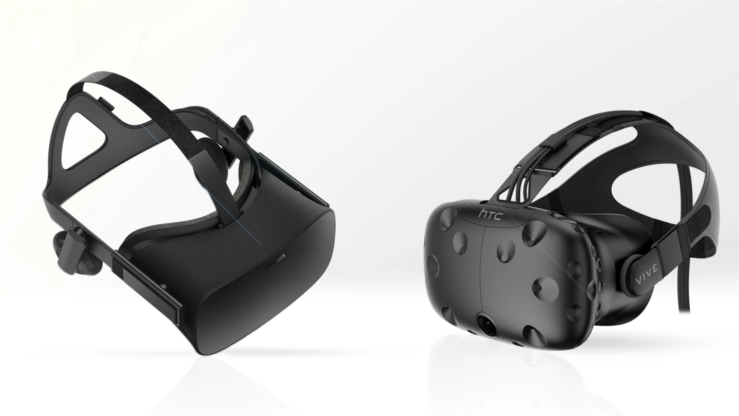 Final Oculus Rift (left) and HTC Vive hardware