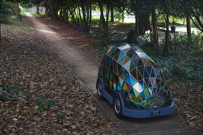 The Stained Glass Driverless Sleeper Car proposes that a passenger could be driven to their destination while they sleep (Image: Sylvain Deleu)