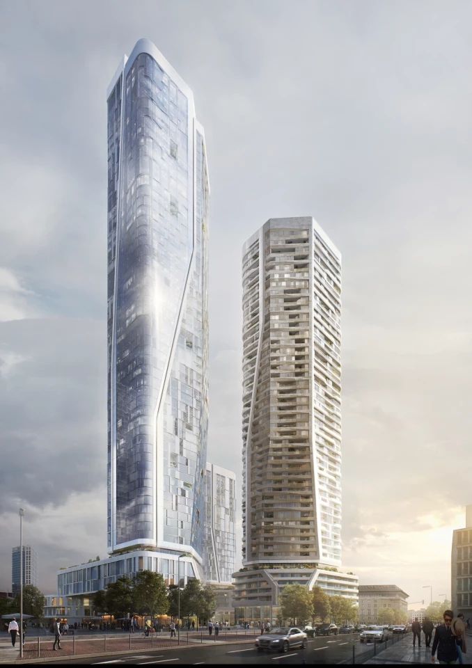 Four Frankfurt's tallest building will rise to a height of 228 m (748 ft) – which is about the height of two Statue of Liberty's stacked on top of each other