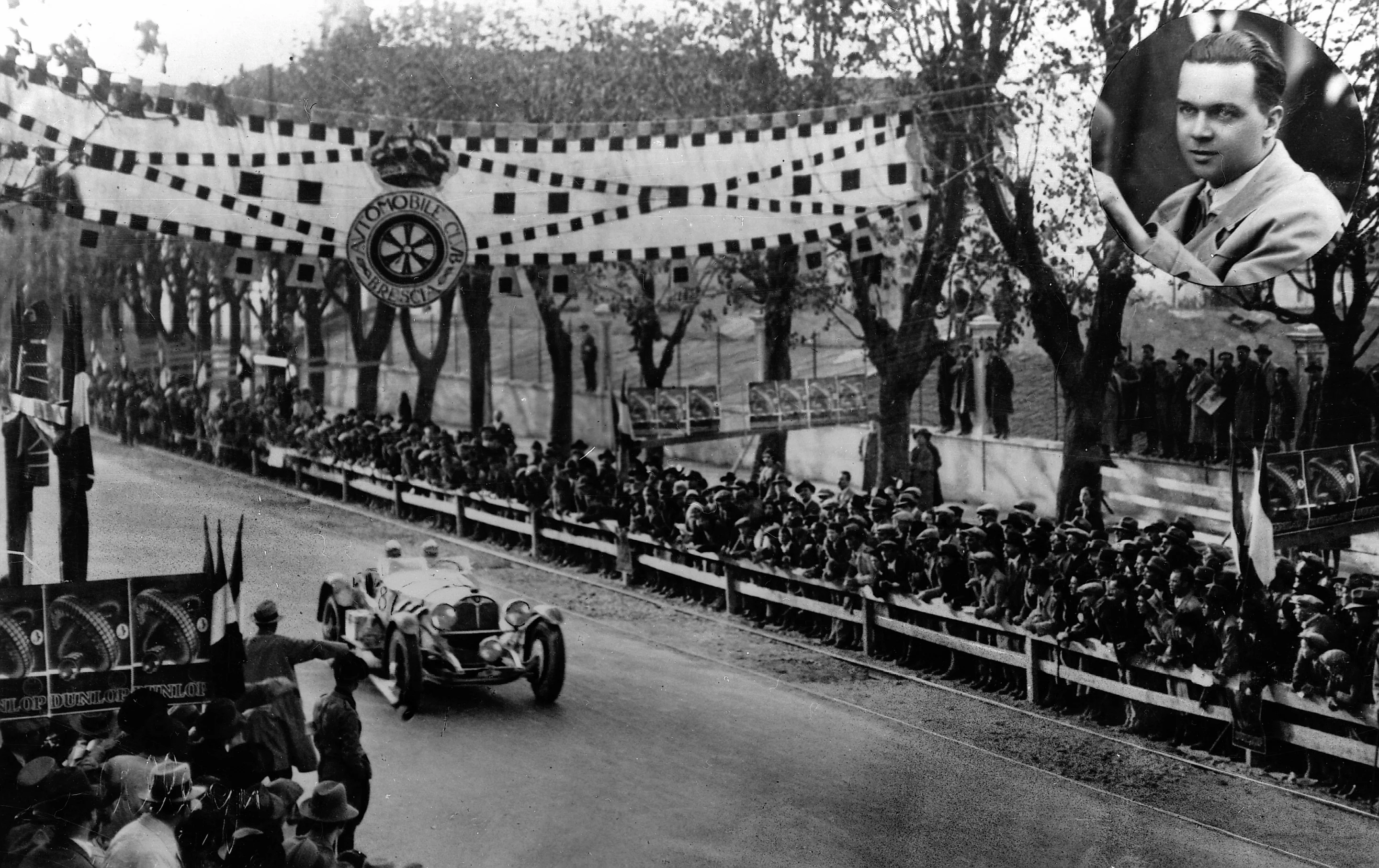 ´Rudolf Caracciola crosses the finish line in the 1931 Mille Miglia´, the 1,000-mile race starting in Brescia on April 12, 1931 and finishing in Brescia on April 13, 1931. It is the first time that a foreigner had won the famous Italian race.