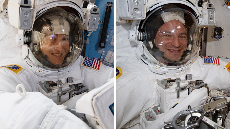 Astronauts Christina Koch and Andrew Morgan pictured in spacesuits during a spacewalk earlier this year
