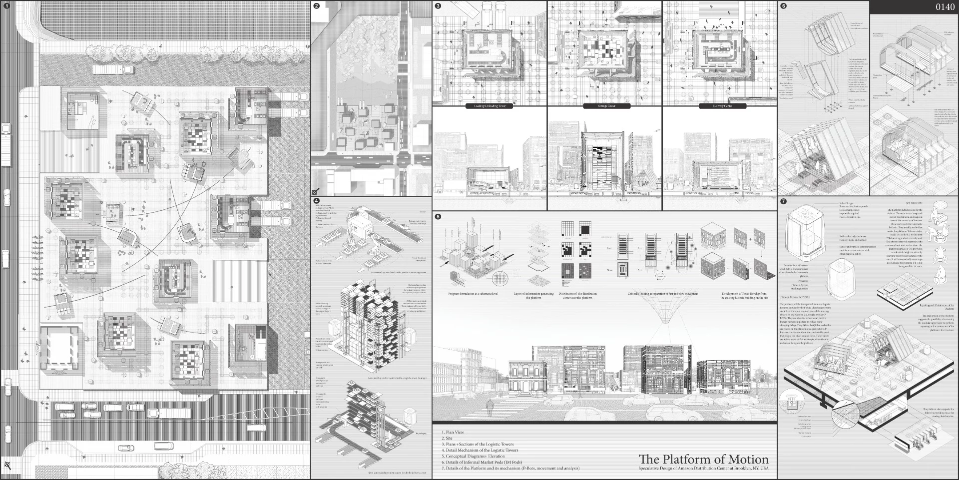 Third Place - The Platform of Motion. Designer notes: "The Platform of Motion is a speculative design for Amazon distribution center at Brooklyn (3rd st 3rd ave), NY, USA. This is an architectural experimentation of looking at the future of amazon’s logistics center as an urban interface right at the moment when Amazon has the initiative to buy the Whole Foods Market and is planning to step in the online grocery services. To keep pace with the demands of “quick online deliveries”, physical spaces of existing logistics centers are being re-designed."