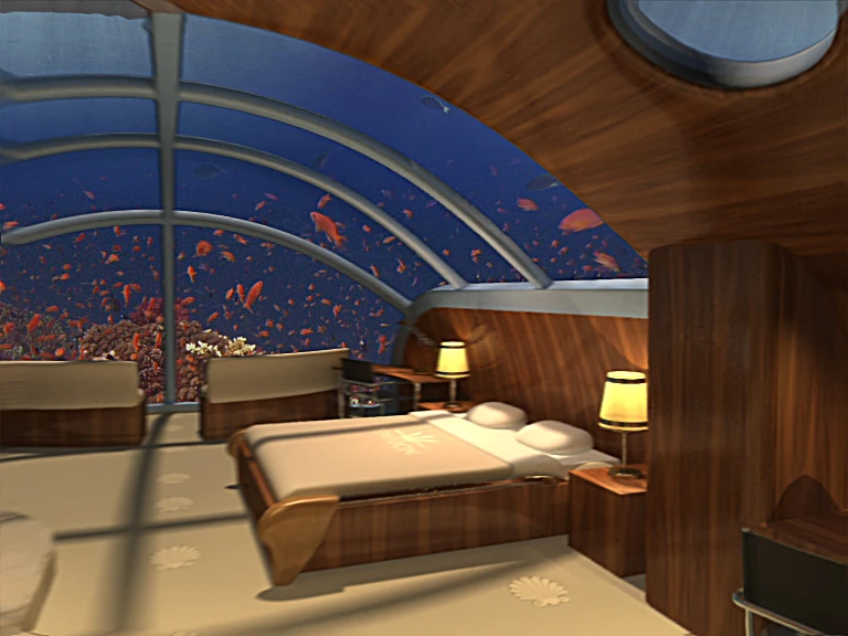 A small submarine will be available for guests to travel in the 5,000 acre lagoon