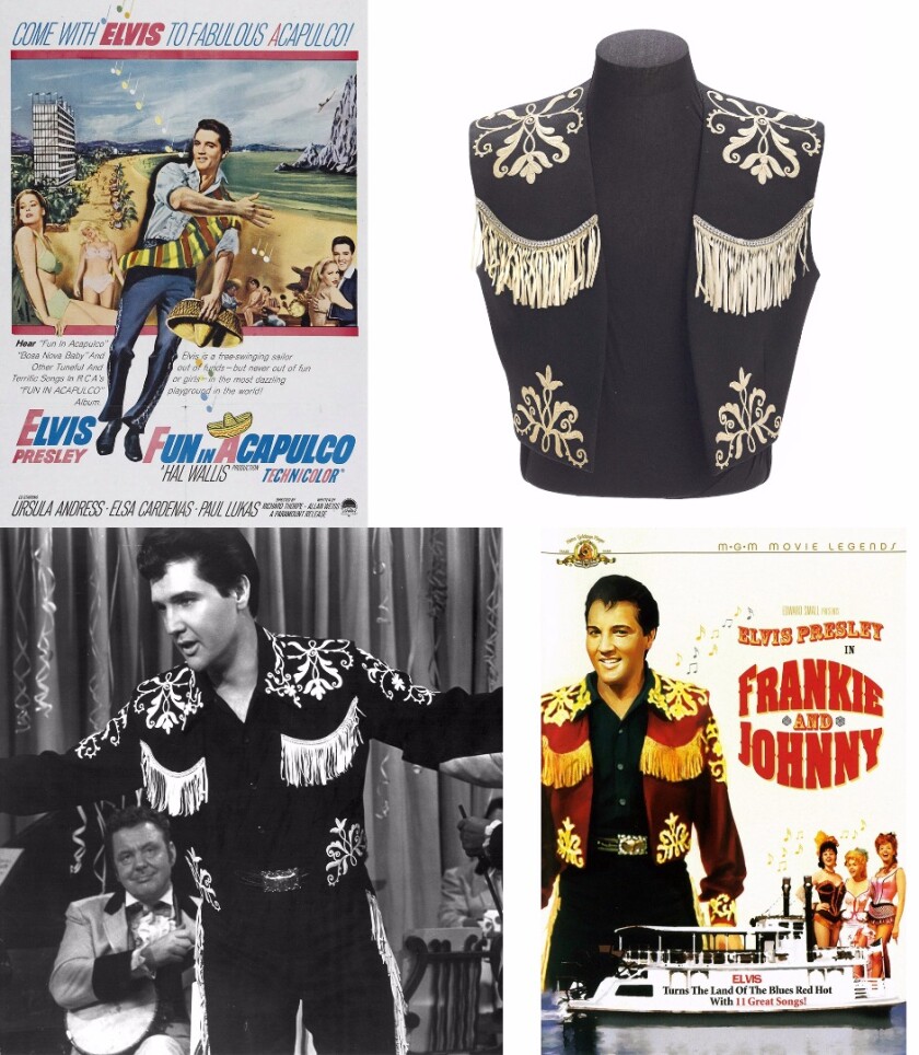 This short black wool vest was screen worn in two of Elvis' biggest movies. As it goes to auction it has an off-white soutache on the shoulders (front and back) and the bottom of the vest, and a rhinestone border with white leather fringe on the front and back yoke. Presley wears this vest (with only the soutache embellishment) while singing 'The Bullfighter Was a Lady' in 'Fun in Acapulco'. The vest was subsequently altered with the addition of the fringe and rhinestones and worn by him in 'Frankie and Johnny' while singing 'Hard Luck" and 'Shout it Out'. Lot 95 at Bonhams and TCM "Treasures from the Dream Factory Auction, 23 November, 2015 (New York)