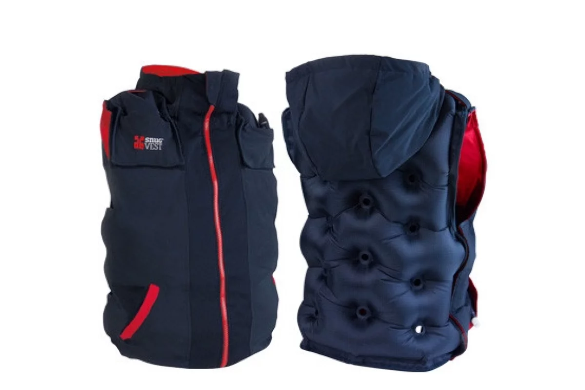 An inflatable sports and outdoors-style vest relieves anxiety and stress with deep pressure therapy, a clinical method that essentially simulates a good firm hug