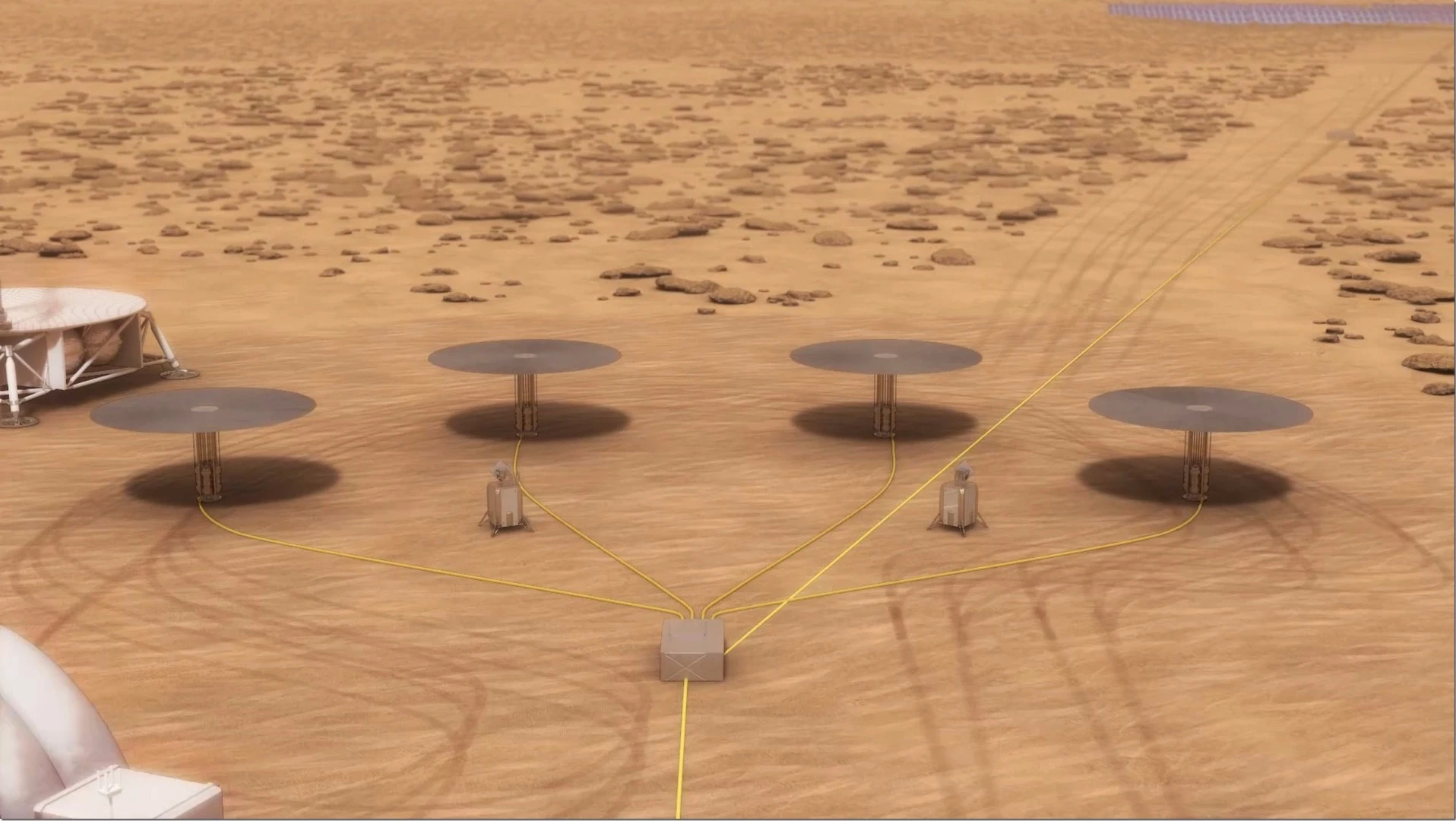 Artist's concept of four Kilopower reactors at a Mars base