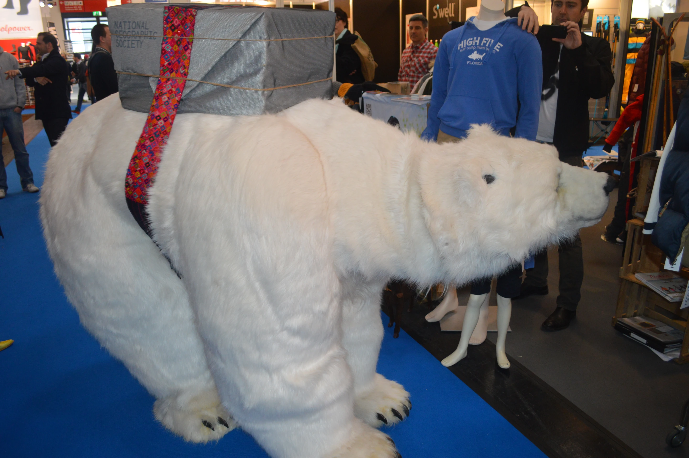 "Bjorn" the polar bear was part of a street theater group wandering the floor as a sort of advertising stunt