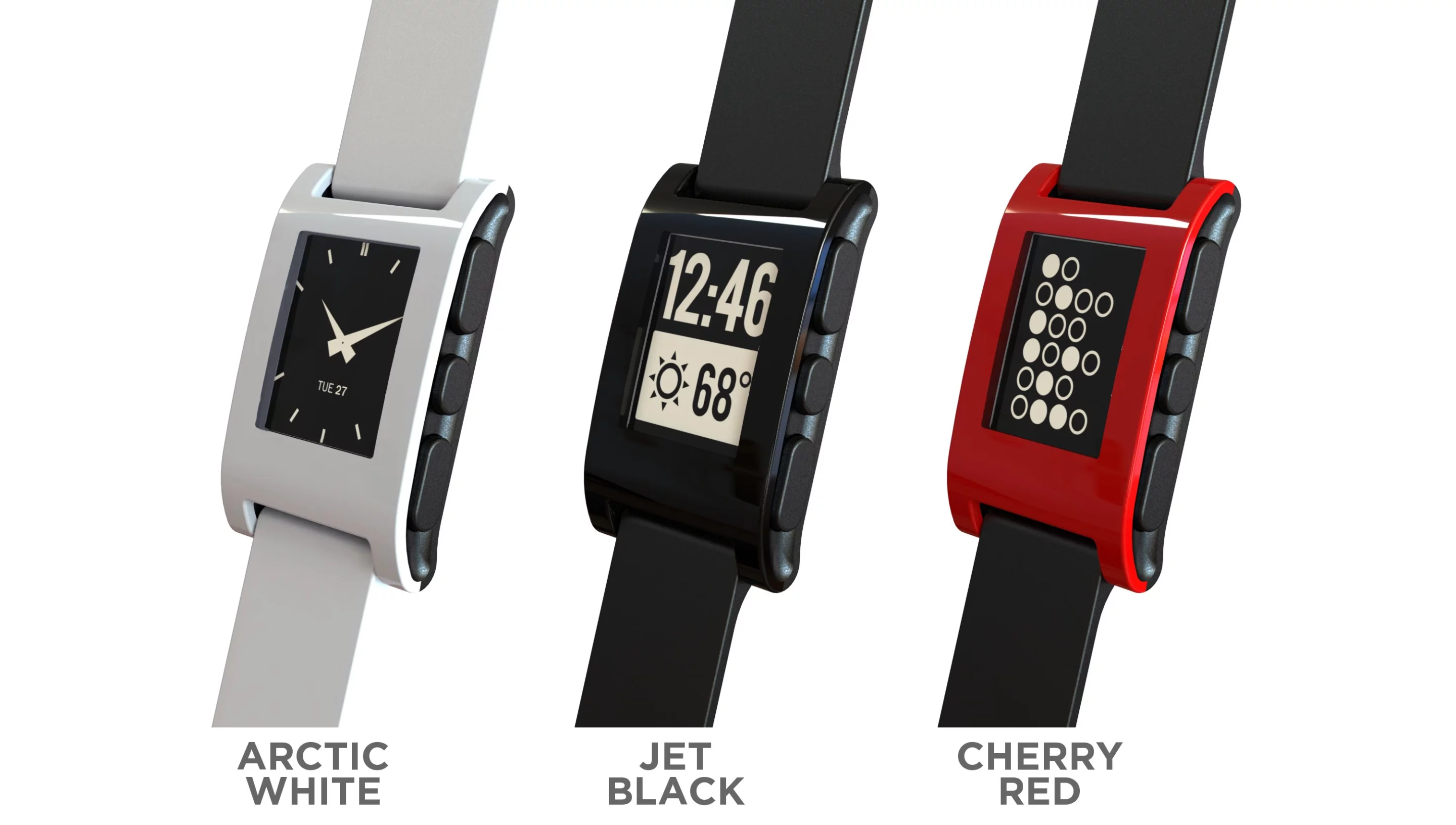 The smartwatch comes in colors of Arctic White, Jet Black or Cherry Red