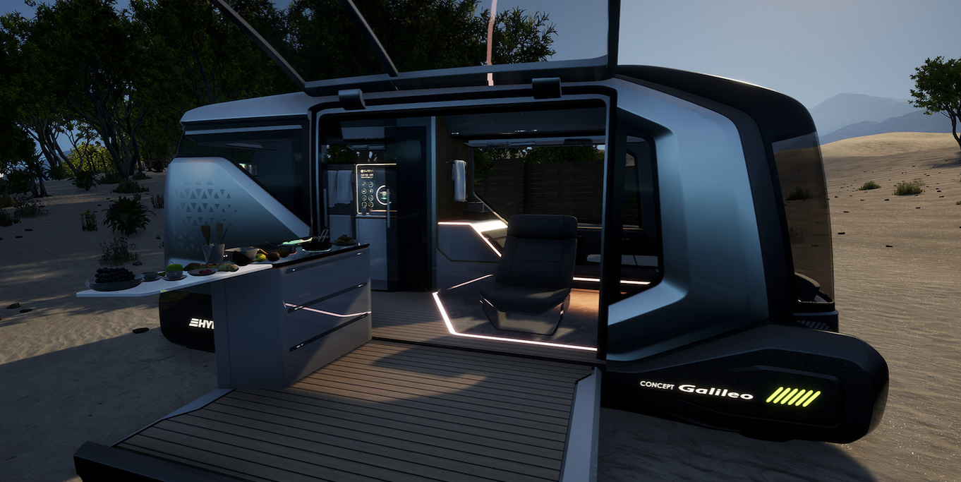 Like its VisionVenture camper van concept, Hymer's Concept Galileo includes a deployable deck ... we really hope Hymer is working on some type of production deck