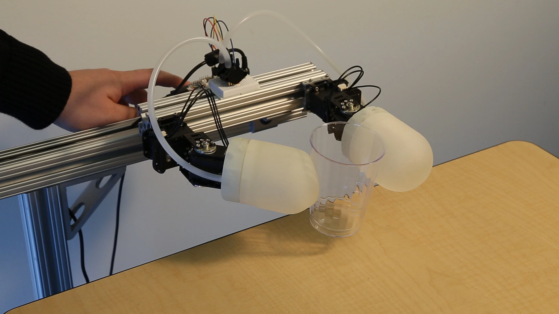 Disney's inflatable grasping modules pick up a plastic cup without crushing it
