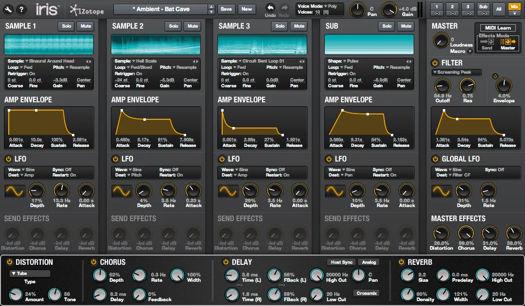 The mix view allows users to fine tune each of the three sources of audio and the sub oscillator channel