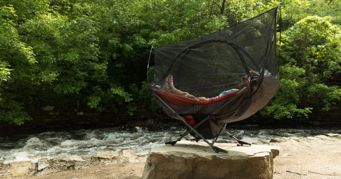 Folding camping hammock travels light and sets up without the trees