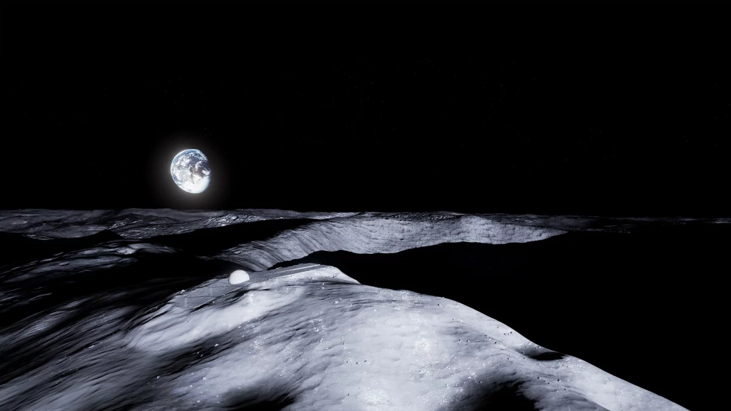Artist's impression of Earth hanging above the lunar temple