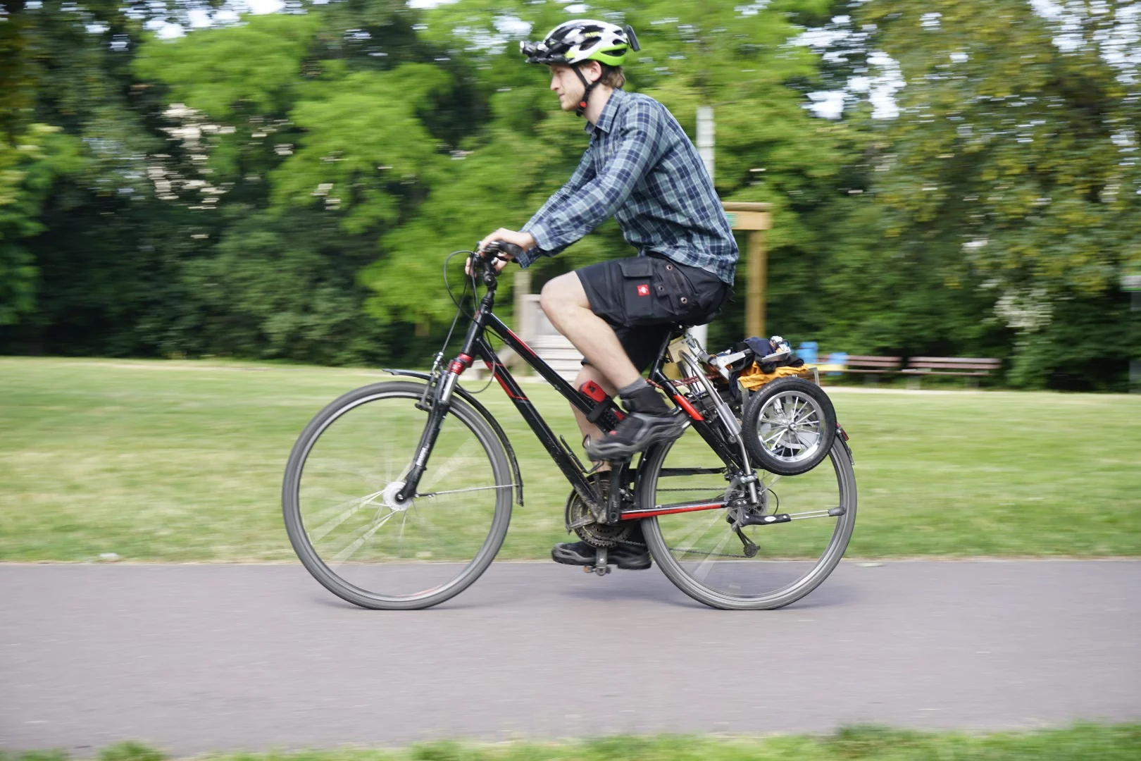 The Trenux trailer folds up over the rear wheel when it isn't needed
