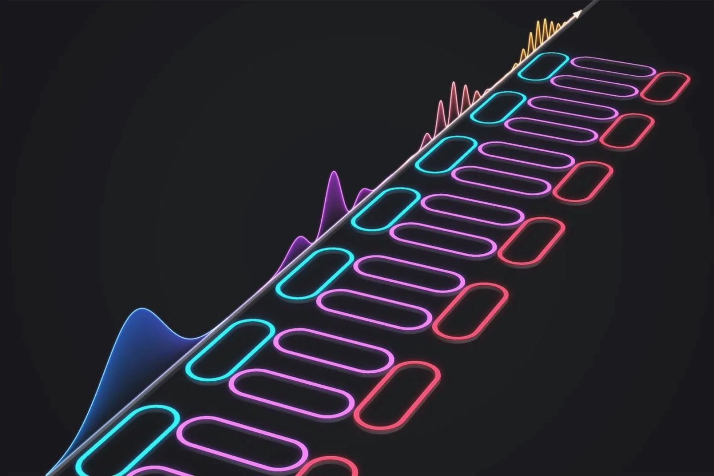 A conceptual diagram of the programmable CRIT photonic integrated circuit illustrates how optical pulses experience changes in temporal delay and frequency characteristics as they propagate through the circuit