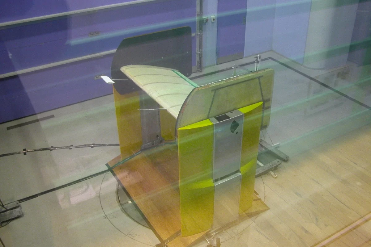 Risoe DTU's wind turbine blade section being tested in a wind tunnel