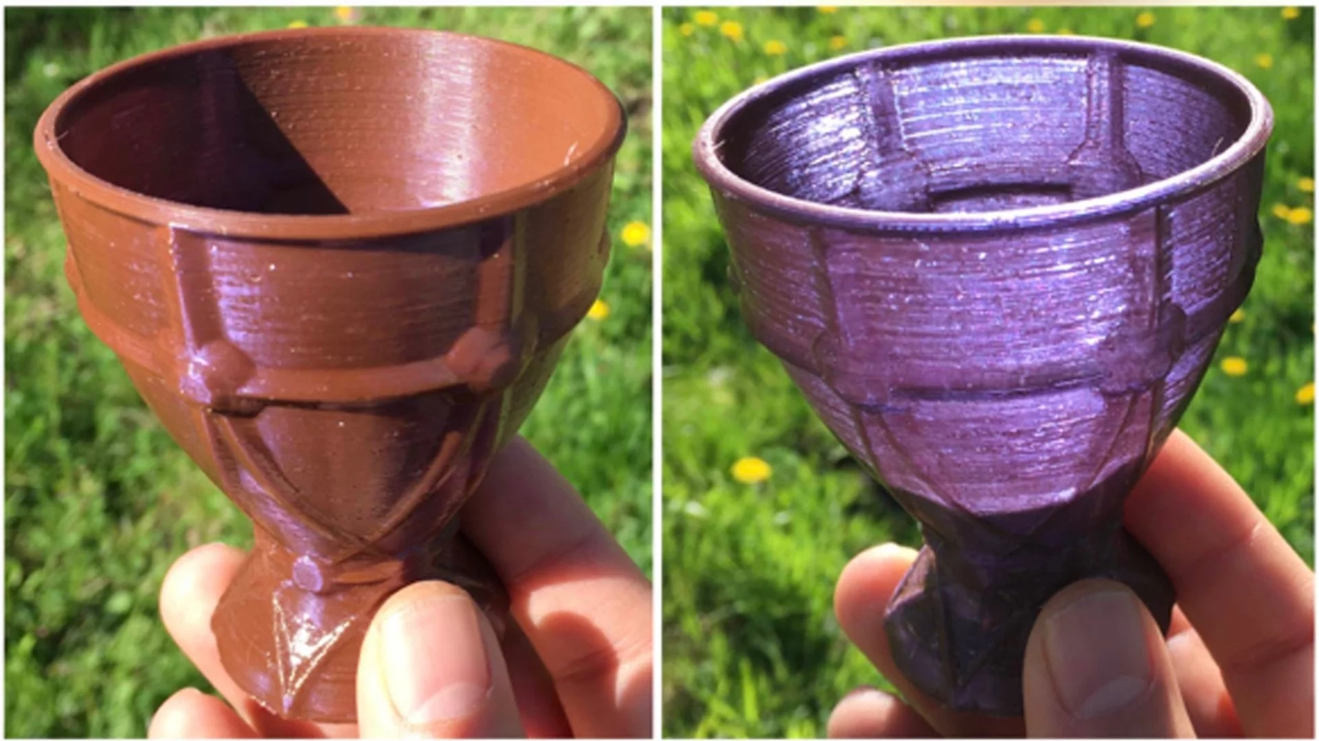 A miniature goblet printed from the new material appears both opaque brown and translucent violet