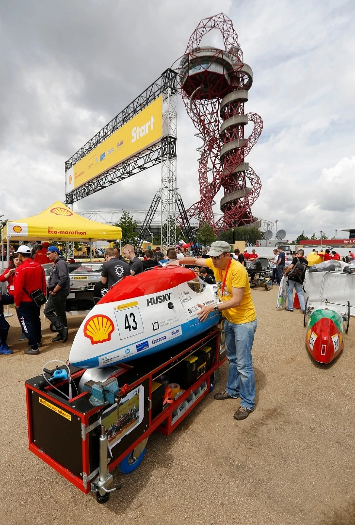 The Ecotöff II, a gasoline prototype racing for team LTAM from Lycée des Arts et Métiers Luxembourg, Luxembourg, Luxembourg is pushed toward the track during day two of Make the Future London 2016