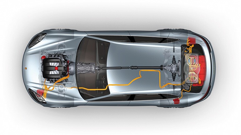 Porsche Panamera Sport Tourismo concept vehicle plan showing hybrid engine layout