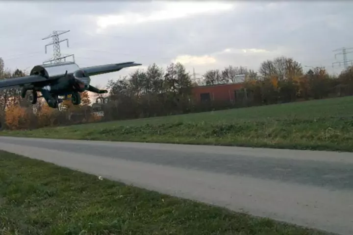 The Skyflash one-man, jet-propelled wing undergoes testing