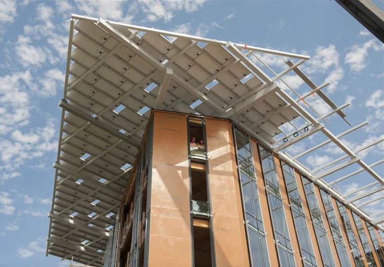 The Bullitt Center's iconic solar prow under construction last September (Photo: John Stamets)