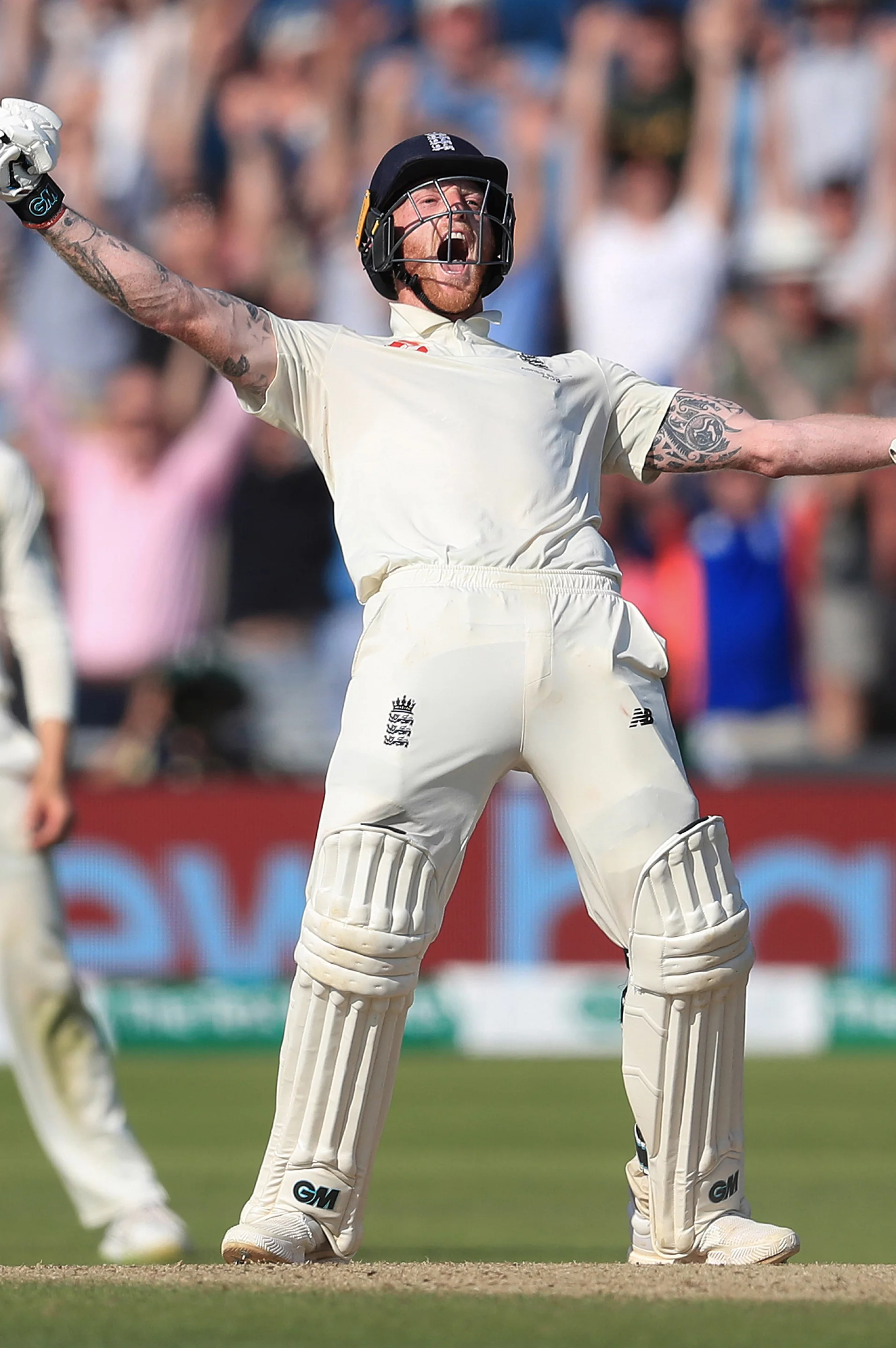 Gold, Joy. England's Ben Stokes celebrates hitting the winning runs against Australia in the fourth test of the Ashes Series at Headingley, Leeds