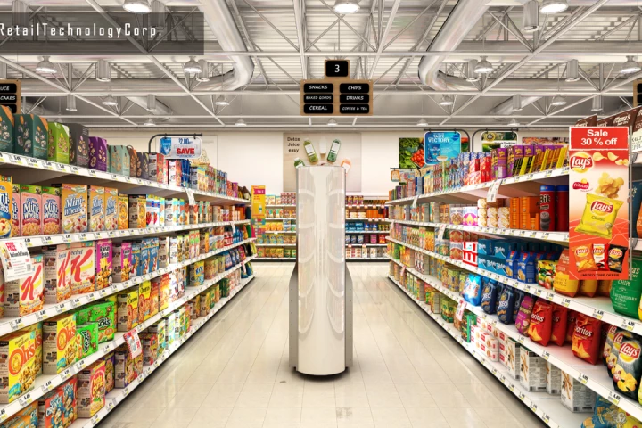 A back view of the 4D Space Genius, as it inspects the aisles