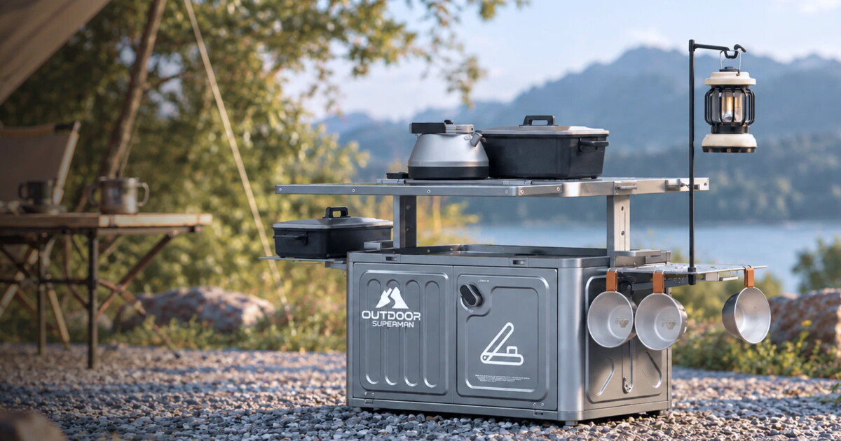 Modular camp kitchen packs down into a metal case