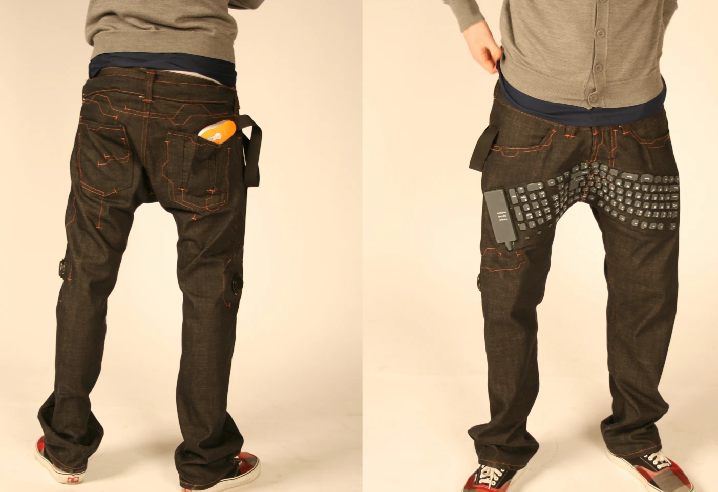 The jeans come with a mouse attached by a sturdy-looking strip of elastic material