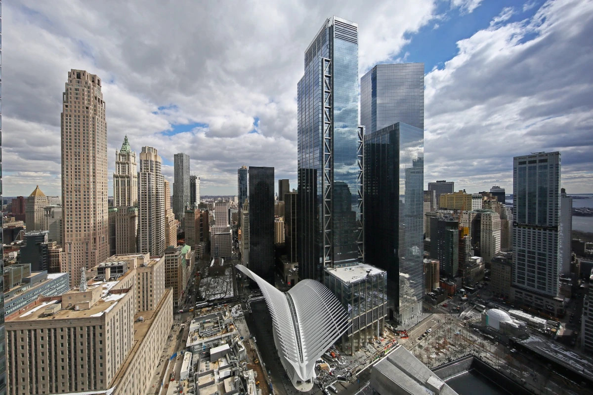 3 WTC, the taller glazed building pictured, is the second-tallest building in the World Trade Center site and the fifth tallest in the USA