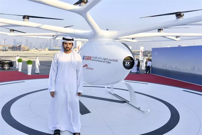 The Crown Prince of Dubai, His Highness Sheikh Hamdan, was on hand to press the launch button to kick off the first flight of the Volocopter flying taxi