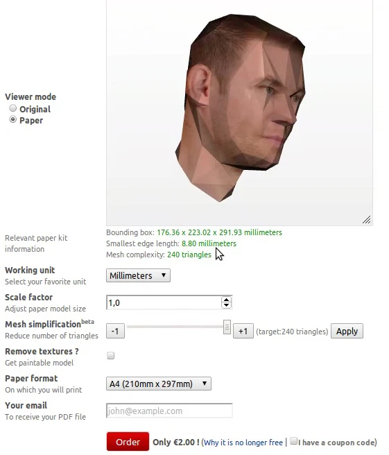 Before exporting the file, you can adjust some parameters such as the number of polygons in the model