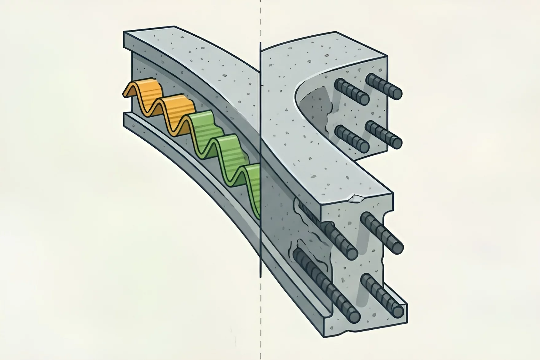A section of concrete reinforced with traditional rebar (right) and the experimental new wavy PLA (left)