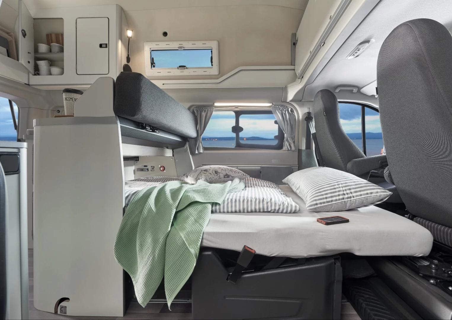 Fold-out bed in the Nugget van cabin