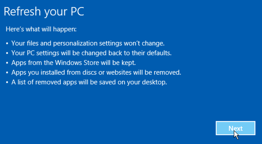 Windows' message about what PC Refresh does