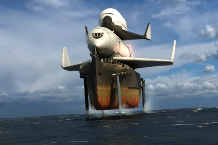 The Alexeyev/Sukhoi Albatros launch system would have launched a carrier plane off the back of a hydrofoiling barge. Rendered here by YouTuber Hazegrayart