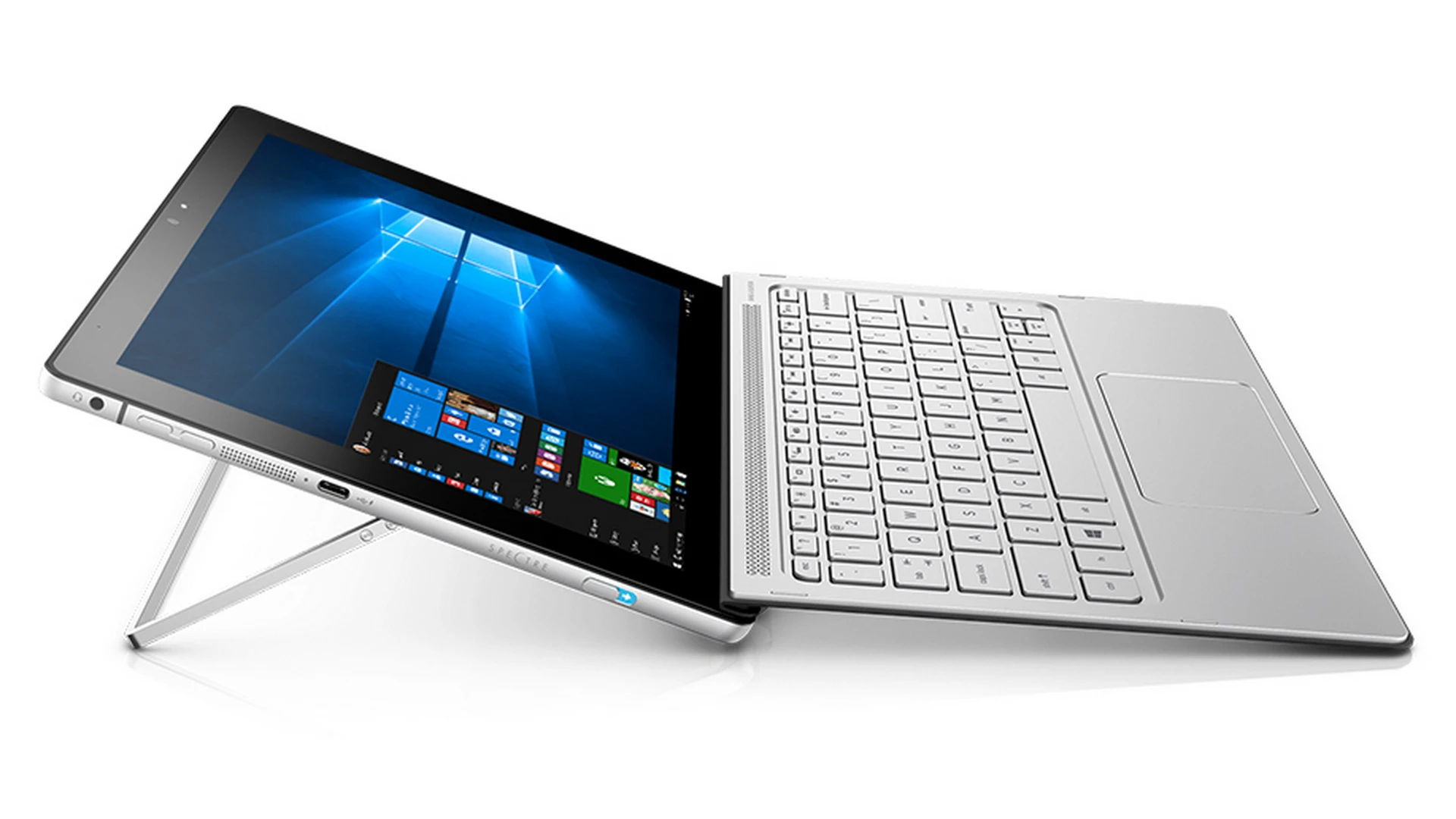The kickstand, which is a band of metal rather than the flap you'll find on a Surface, releases by sliding a button on the side of the slate, and rotates through 150 degrees